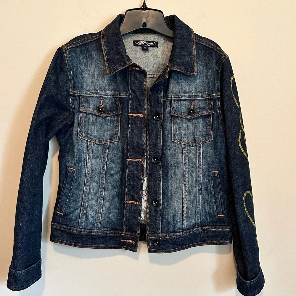 ED HARDY RHINESTONE TATTOO DENIM TRUCKER JACKET | Size Medium | EUC - Picture 2 of 9